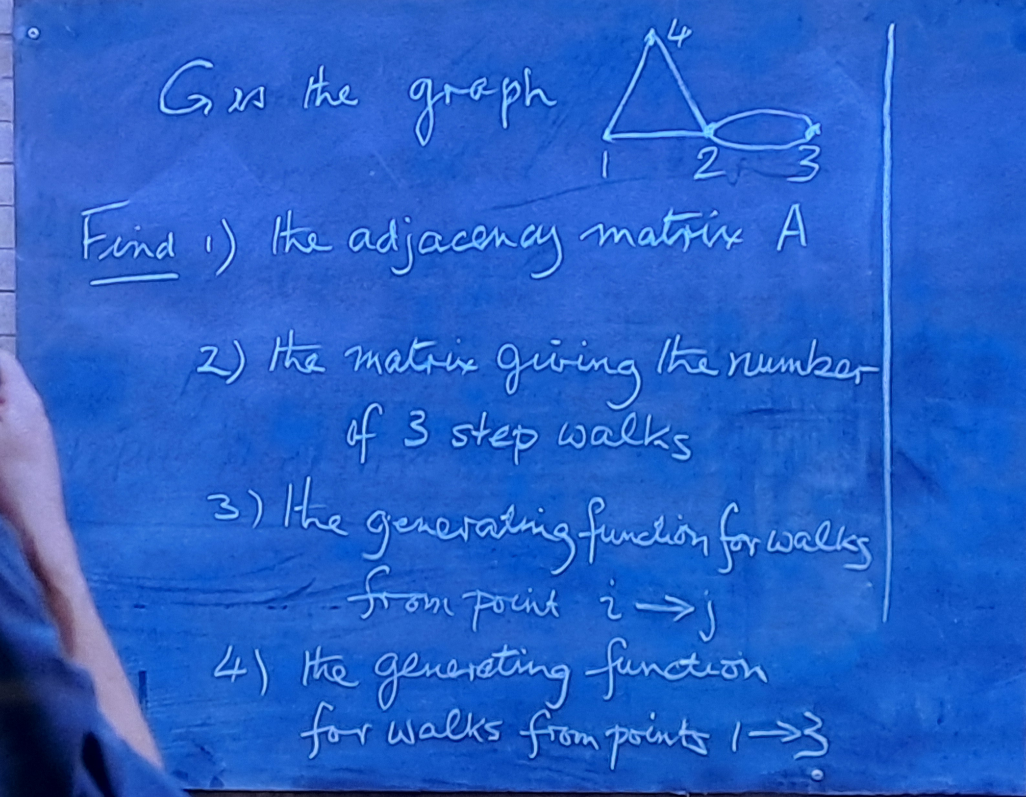 The hallway chalkboard showing a four-vertex multigraph and four graph-theory tasks.