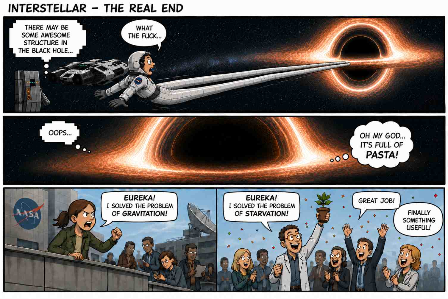 Satirical alternate-ending comic in which a black-hole discovery unexpectedly leads to pasta and a solution to starvation.